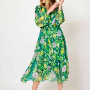 30% Silk 70%Viscoe Long Sleeve With Cami Three Tiers Button Up Dress, Multi Green Floral